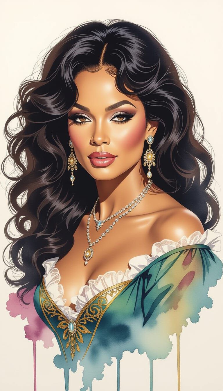 Diana Ross as Ink and Watercolor Portrait