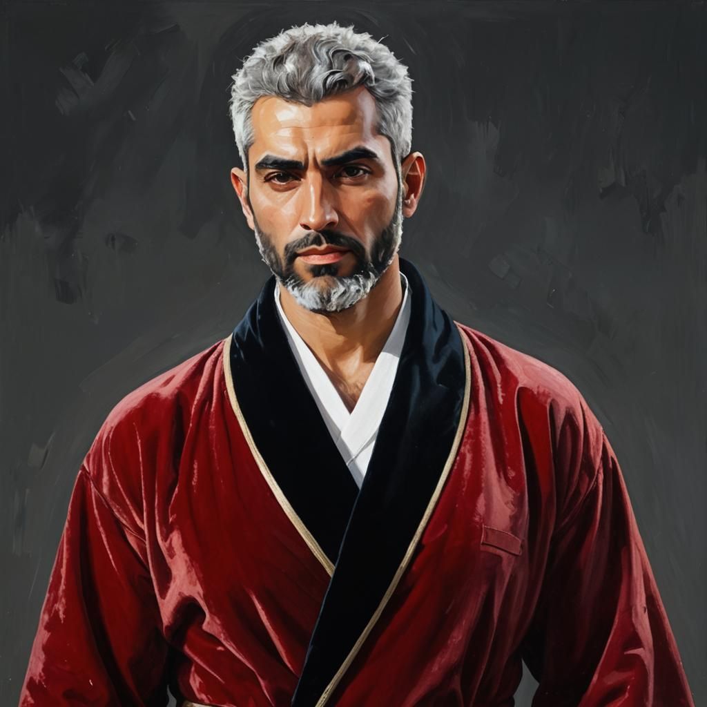 Iranian Man in Red Robe: Neo-Expressionist Oil Painting