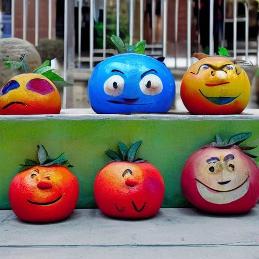Fruit Faces in Urban Setting as Whimsical Art