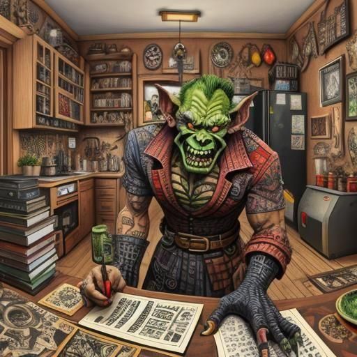 Grotesque Hobgoblin in Trashy Apartment: Maximalist Ink Art