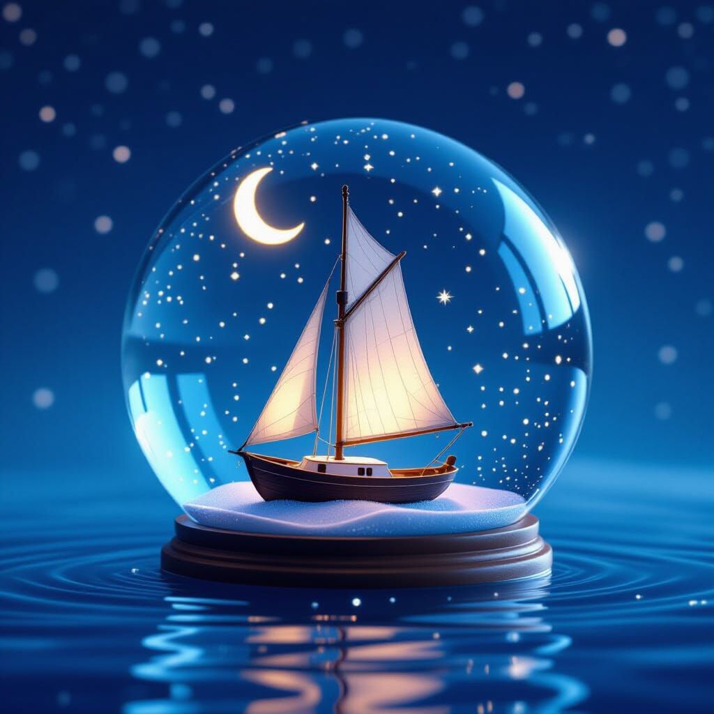 Sailboat in Starry Snow Globe: Vintage Storybook Art