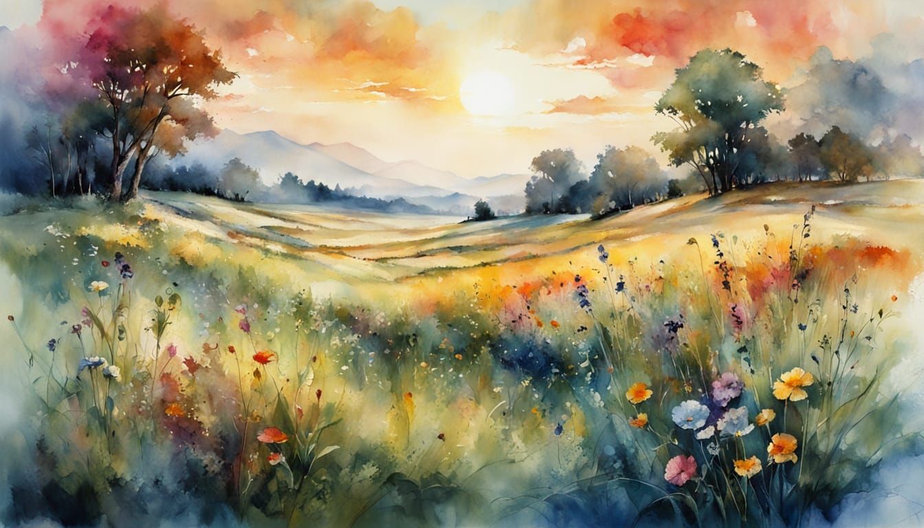 Summer Meadow Sunrise in Watercolor and Alcohol Ink
