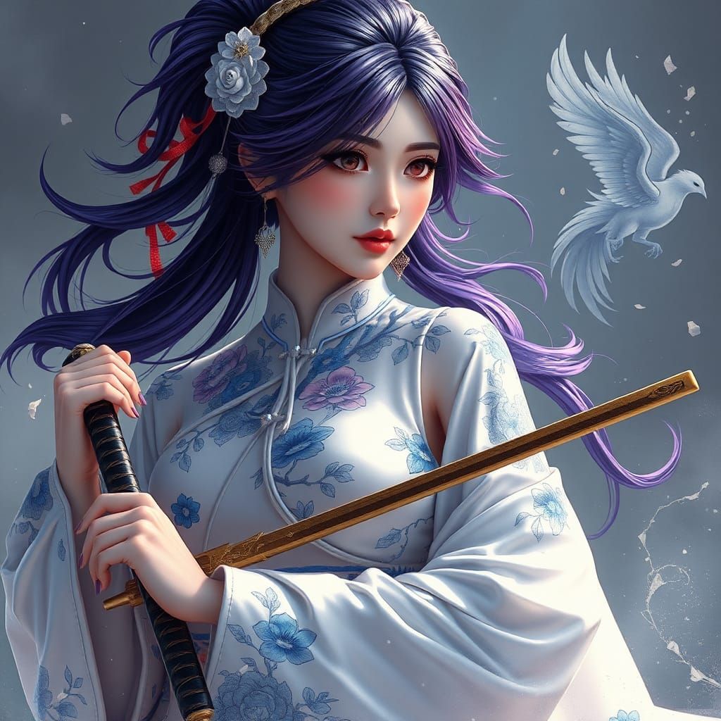 Cheongsam Woman with Sword and Tattoos