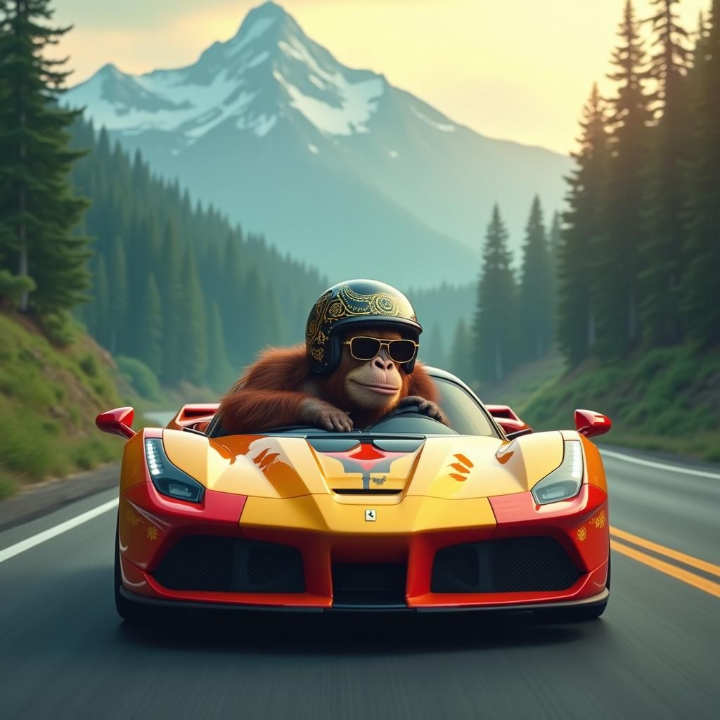 Orangutan Drives Ferrari on Mountain Road