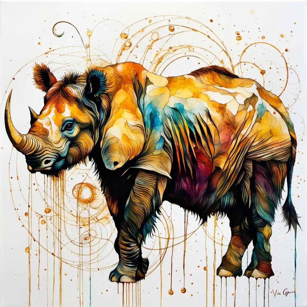 Rhino in Encaustic Zoo: Van Gogh Inspired Alcohol Ink