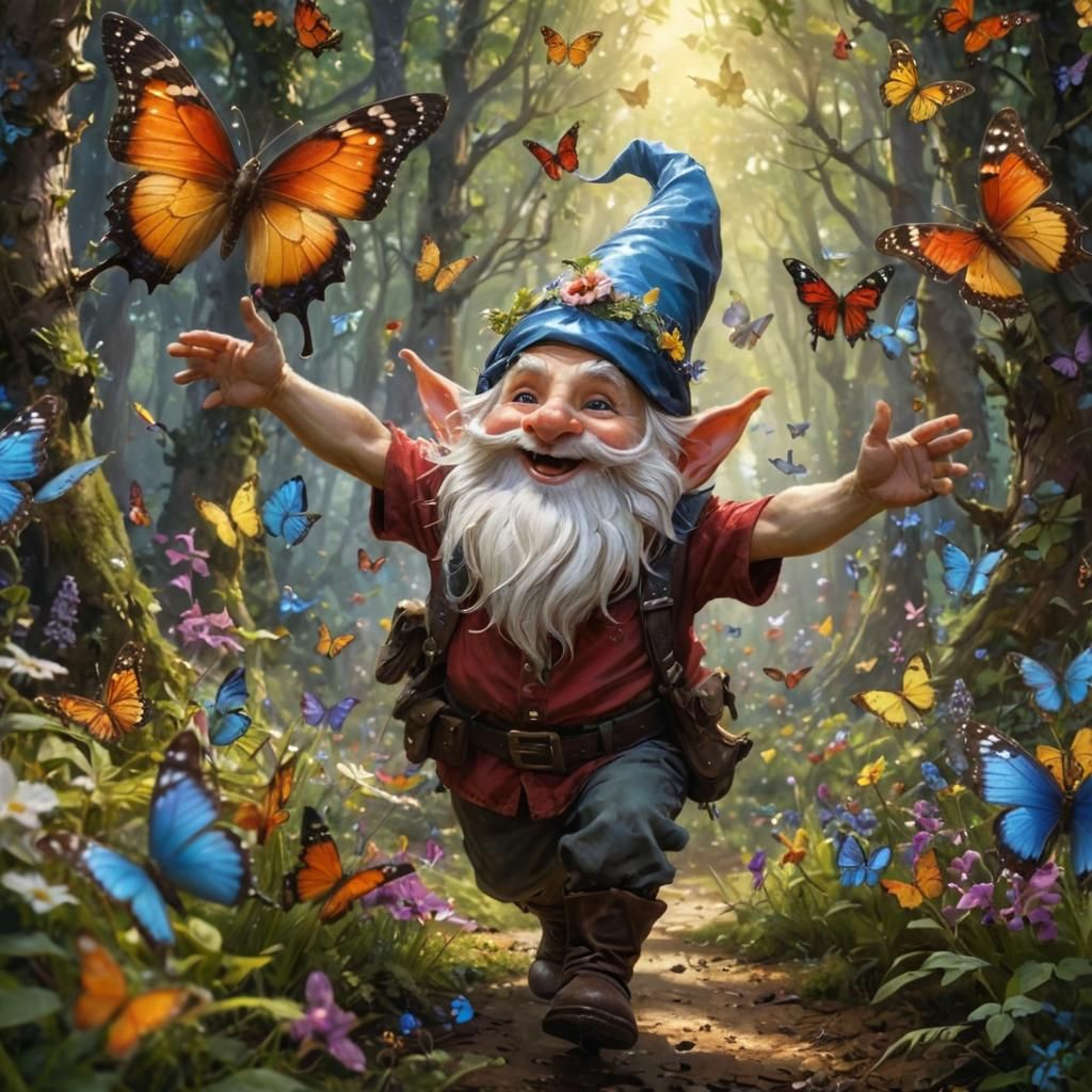 Gnome Dances in Butterfly Forest, Dark Fantasy Art