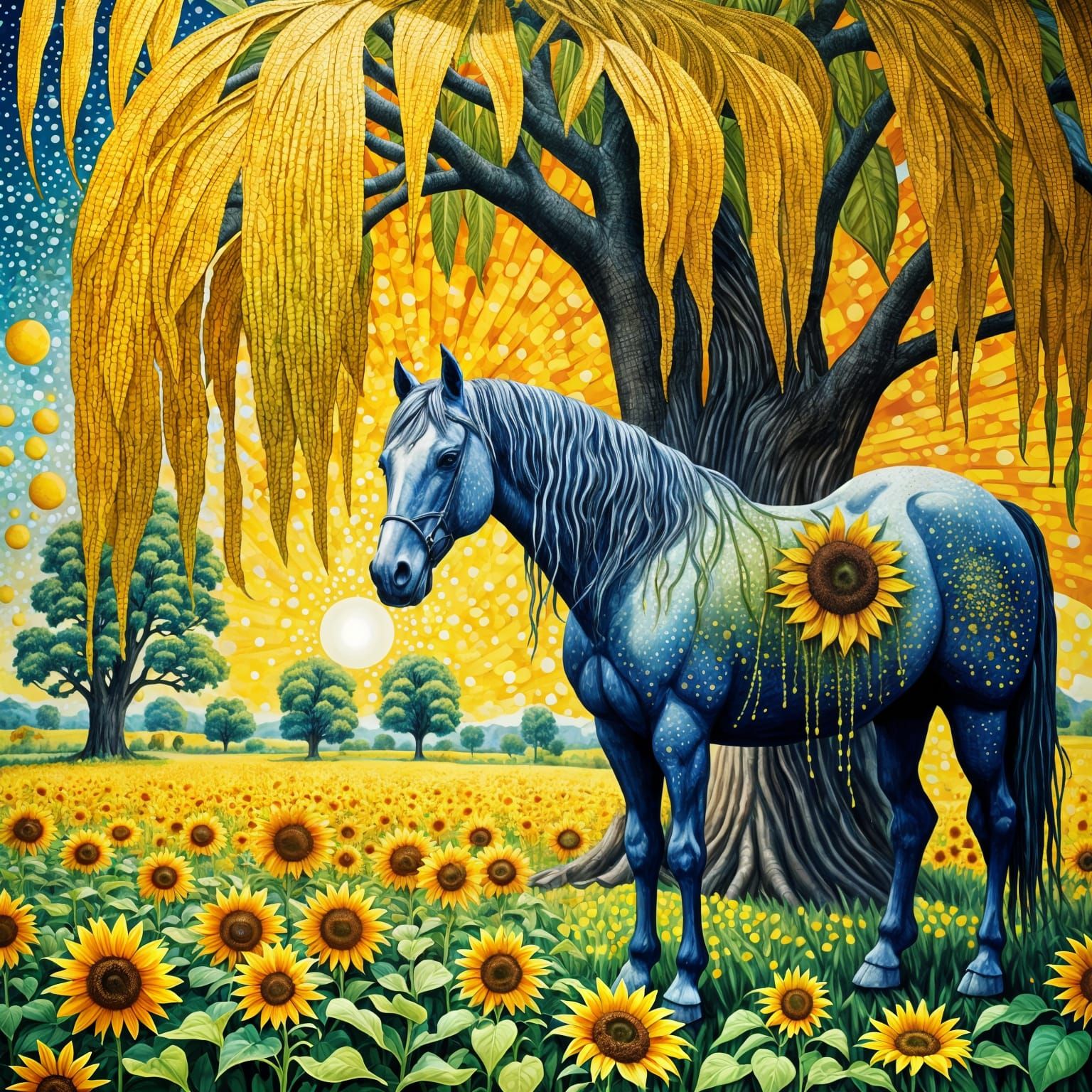 Pointillist Horse Among Sunflowers and Weeping Willow