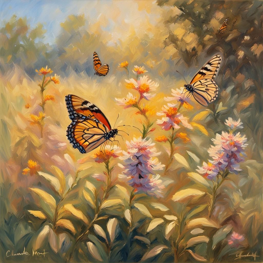 Butterflies in Sunny Meadow, Impressionist Oil Painting