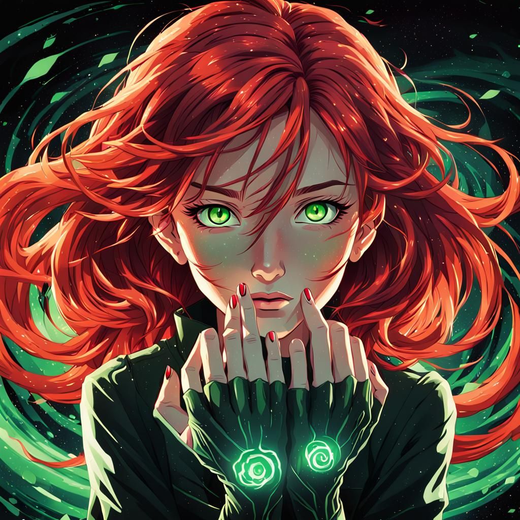 Anime Woman with Red Hair and Crimson Aurora