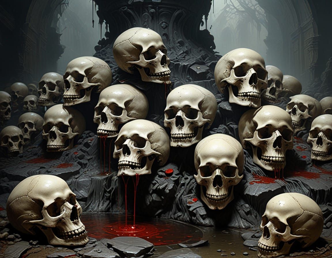 Blood Fountain of Skulls in Gothic Horror Style