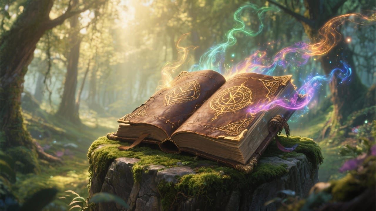 Glowing Runes on Ancient Tome in Enchanted Forest