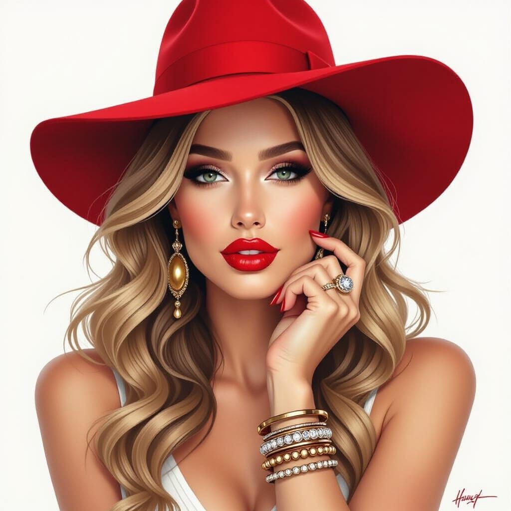 Sensuous Woman in Red Hat, Hyperdetailed Charcoal Drawing