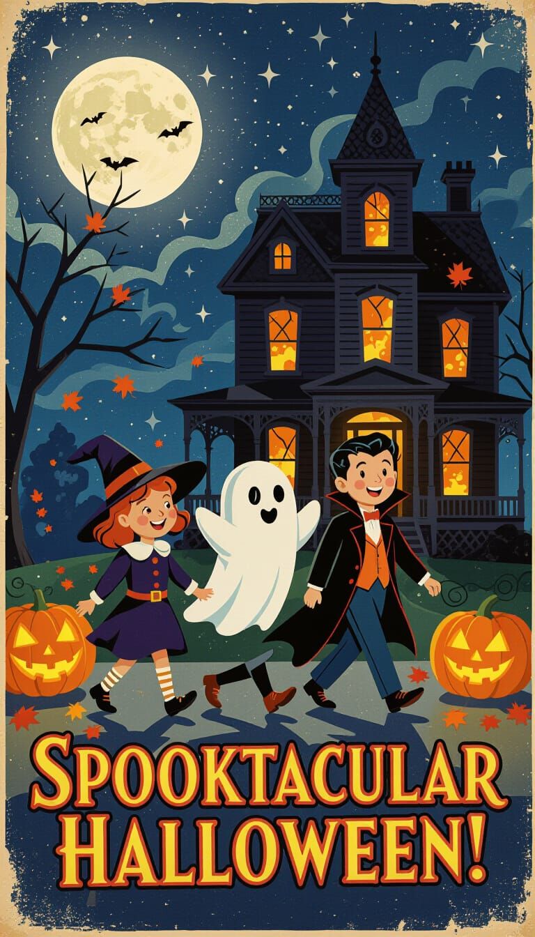 Vintage Halloween Poster: Trick-or-Treaters in Mid-Century S...