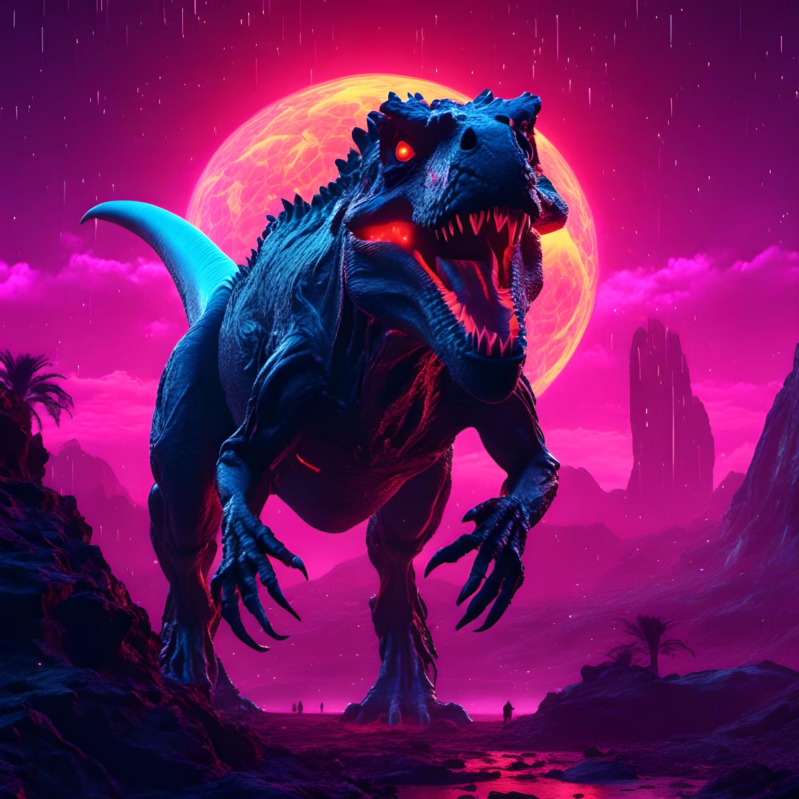 Neon T-Rex in Alien Landscape: Digital Painting
