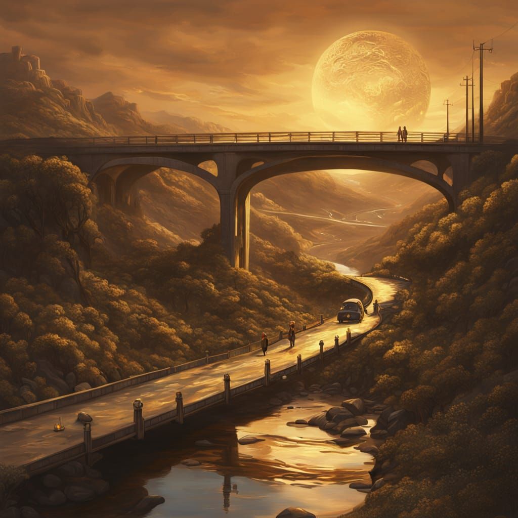 Surreal Highway Dips Towards Brook Bridge with Melting Clock