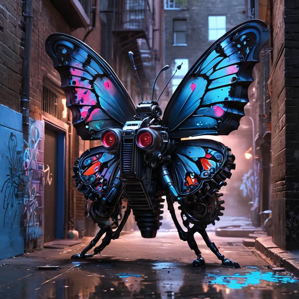 Mechanical Butterfly Graffiti Artist in Bioluminescent Neon