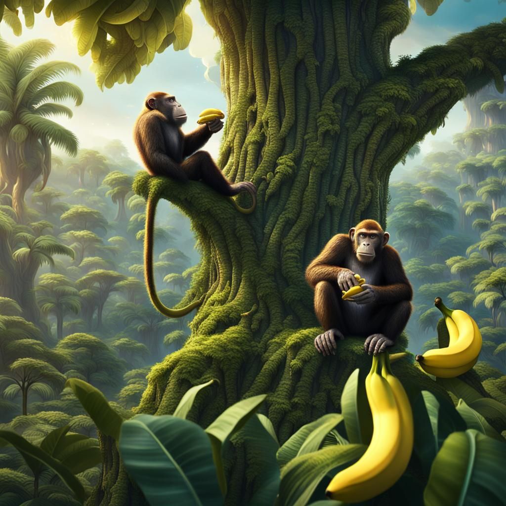 Monkeys Eating Bananas in Trees: Detailed Digital Painting