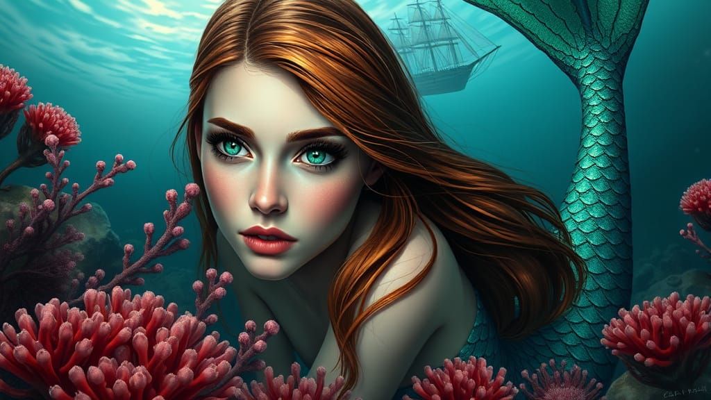Mermaid's Gaze: Underwater Scene of Discovery