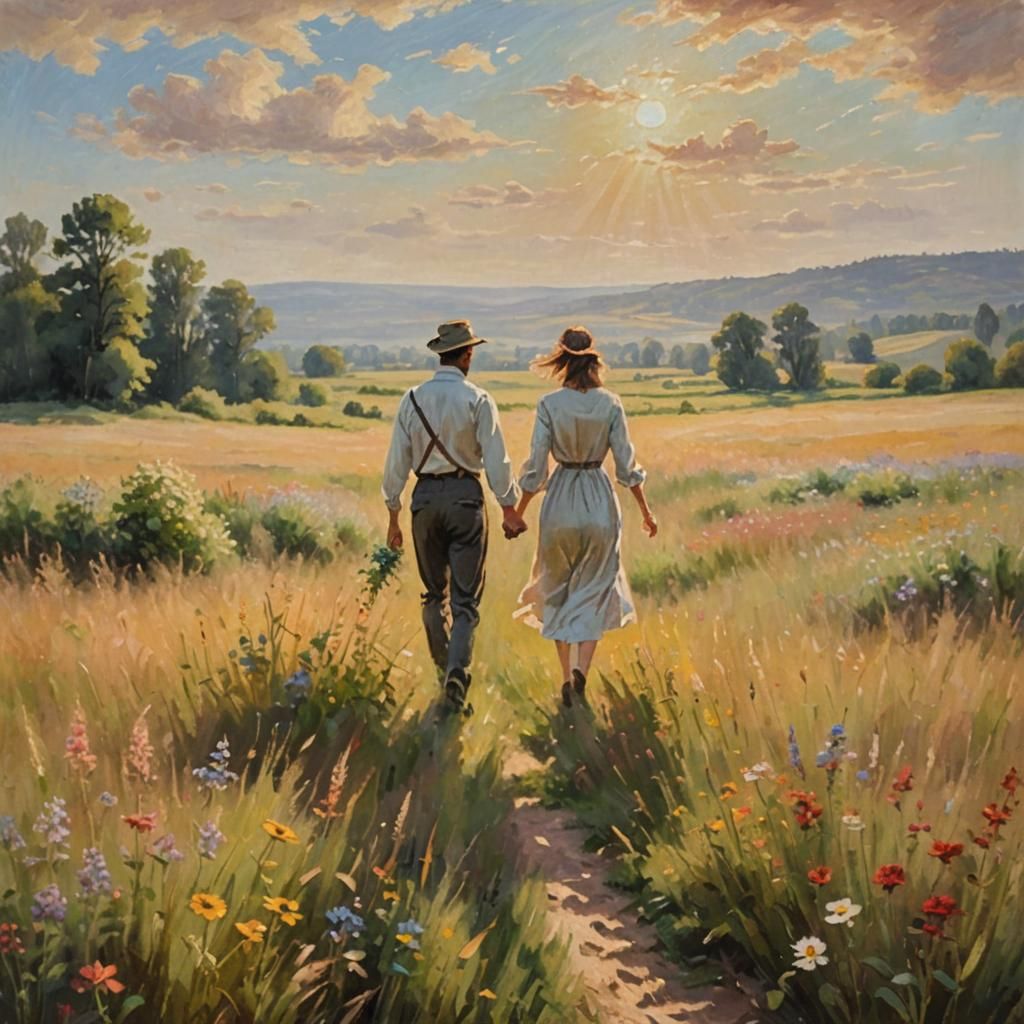 Impressionist Painting of Couple in Sunny Field