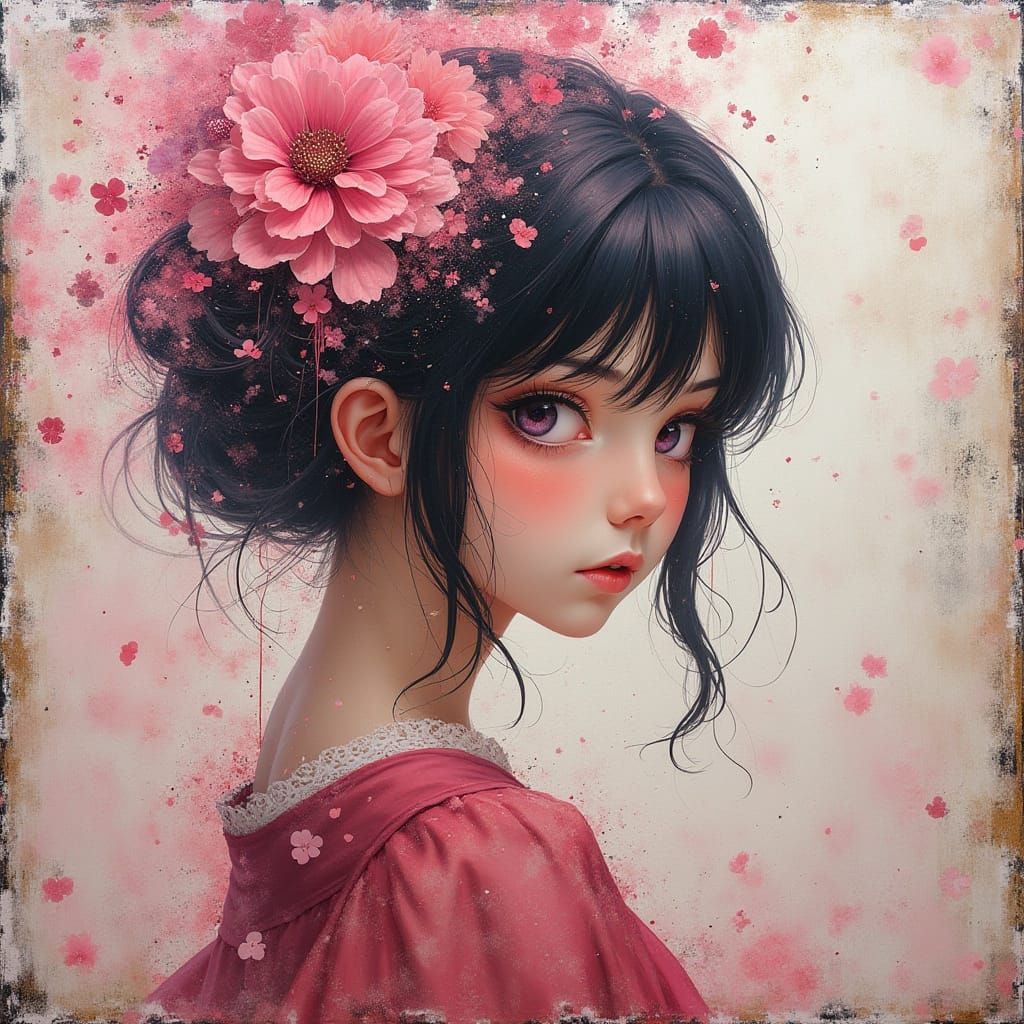 Anime Girl Amidst Shattered Square Explosion