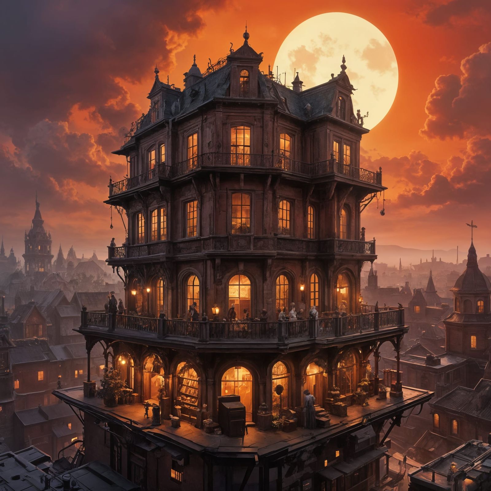 Surreal Apothecary Rooftop Scene with Pill Rain