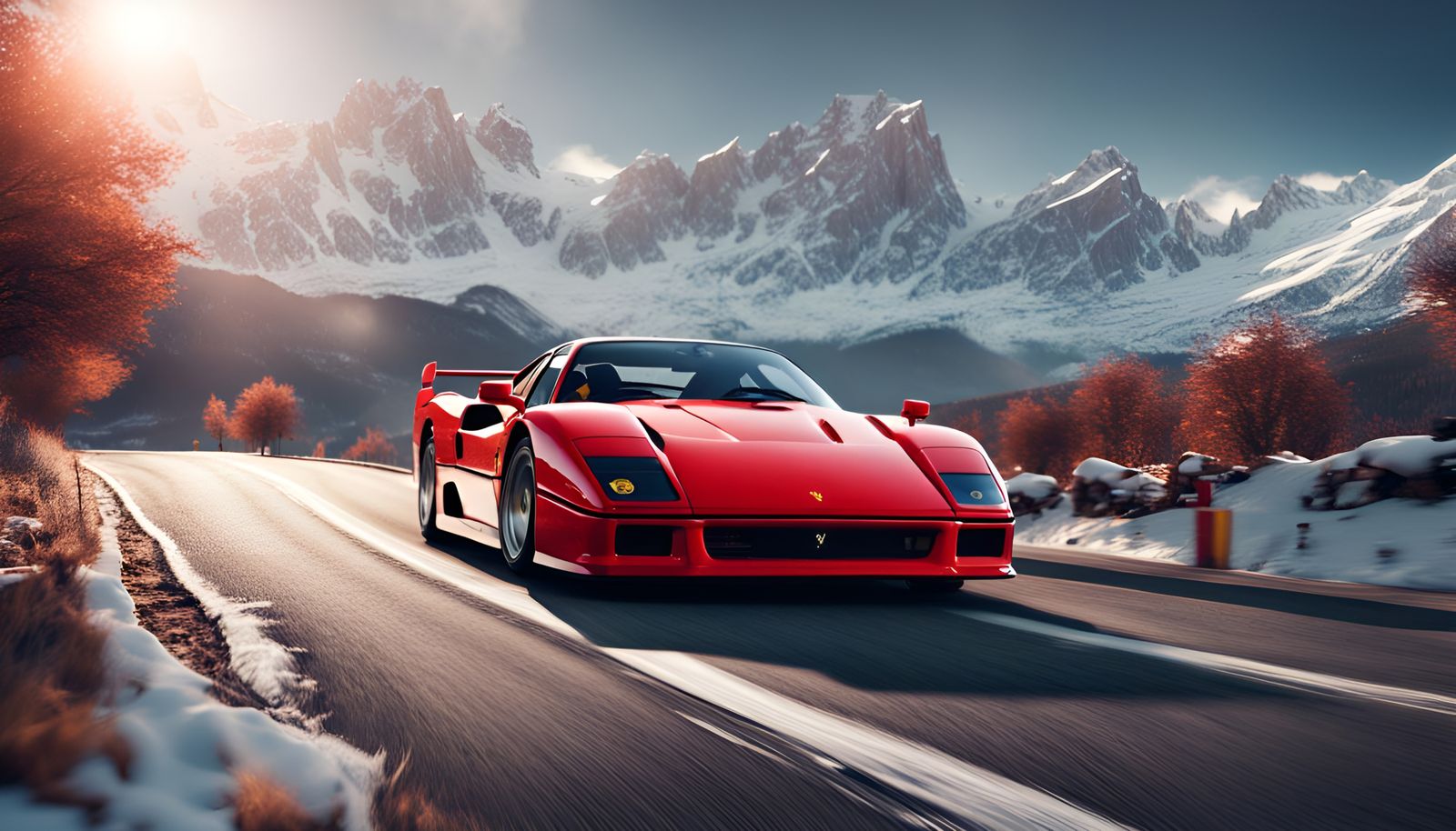Ferrari F40 Against Snowy Mountain Backdrop