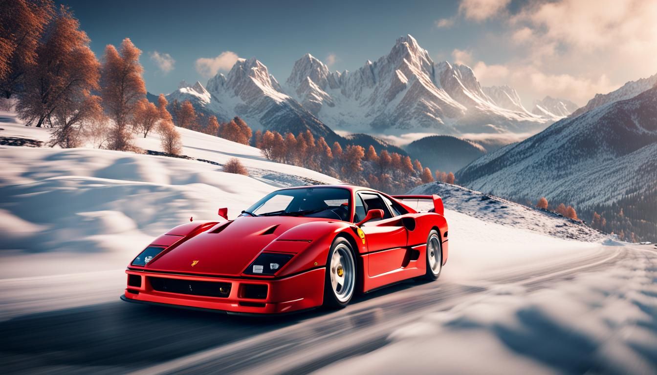 Ferrari F40 Drives Past Snowy Mountains