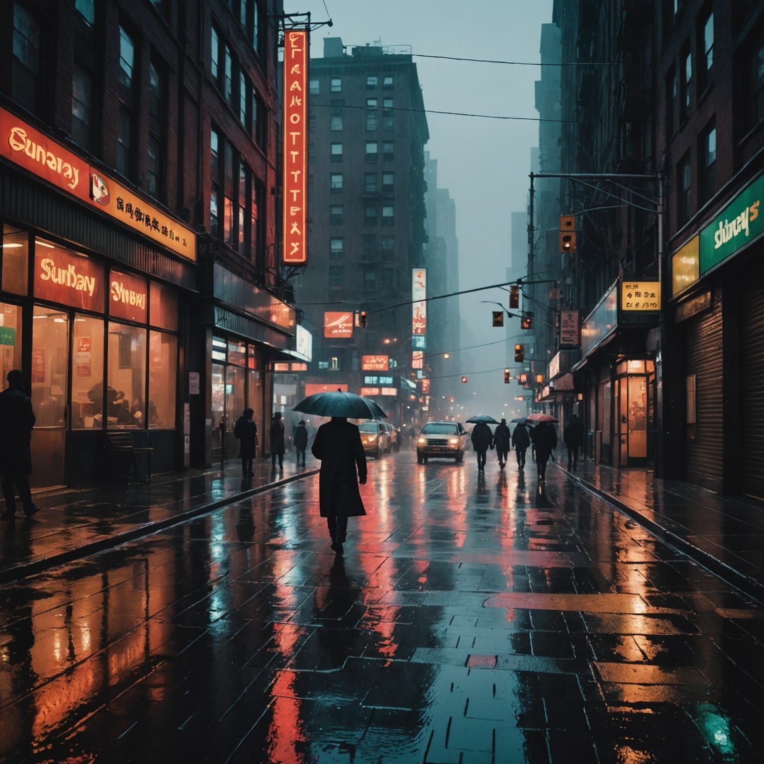 Rain-Soaked City Street at Dusk