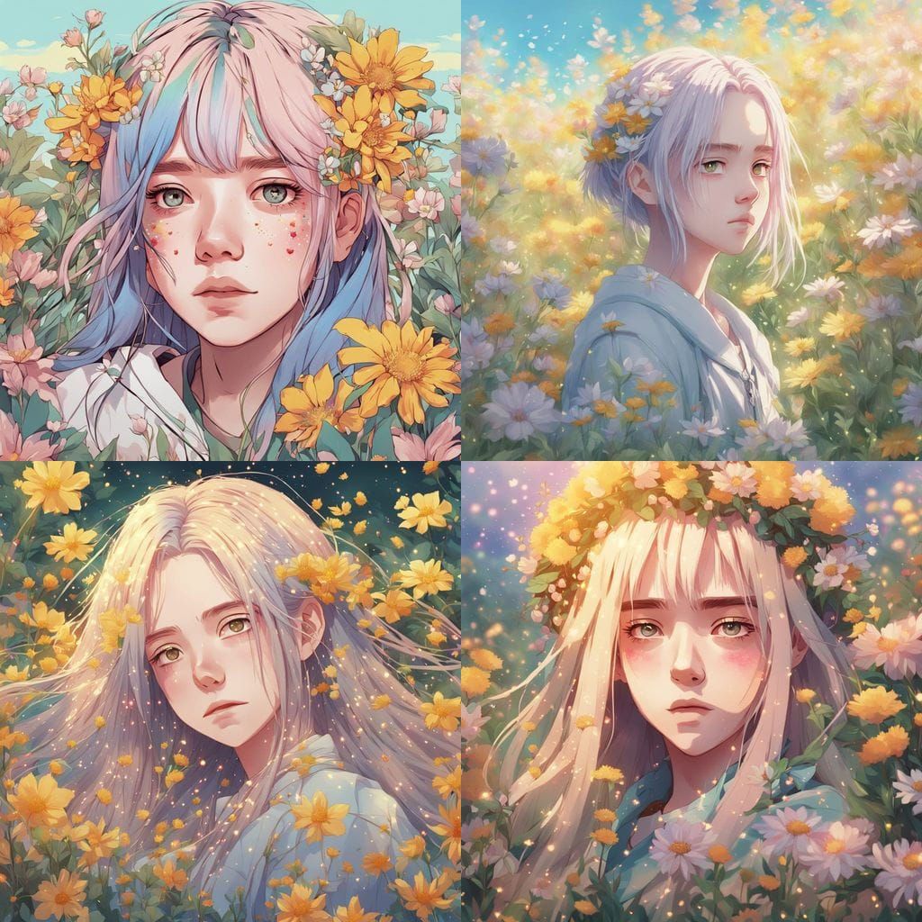 Billie Eilish Portrait with Wildflowers in Anime Style