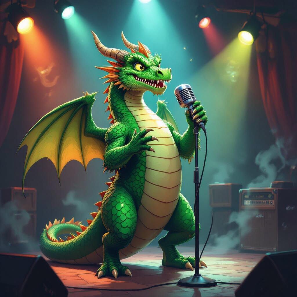 Emerald Dragon Sings Power Ballad in Smoky Karaoke Bar