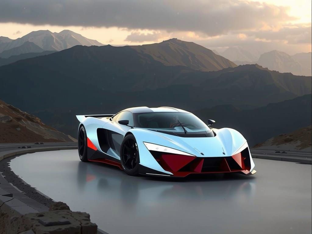 Futuristic Metallic Silver Supercar on a Rainy City Street