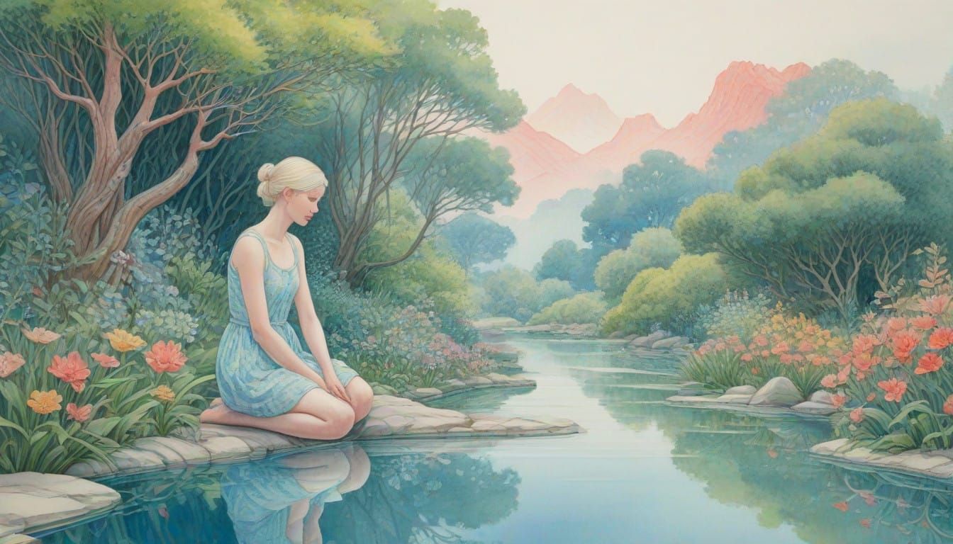 Whimsical Watercolour Landscape with Serene NPC