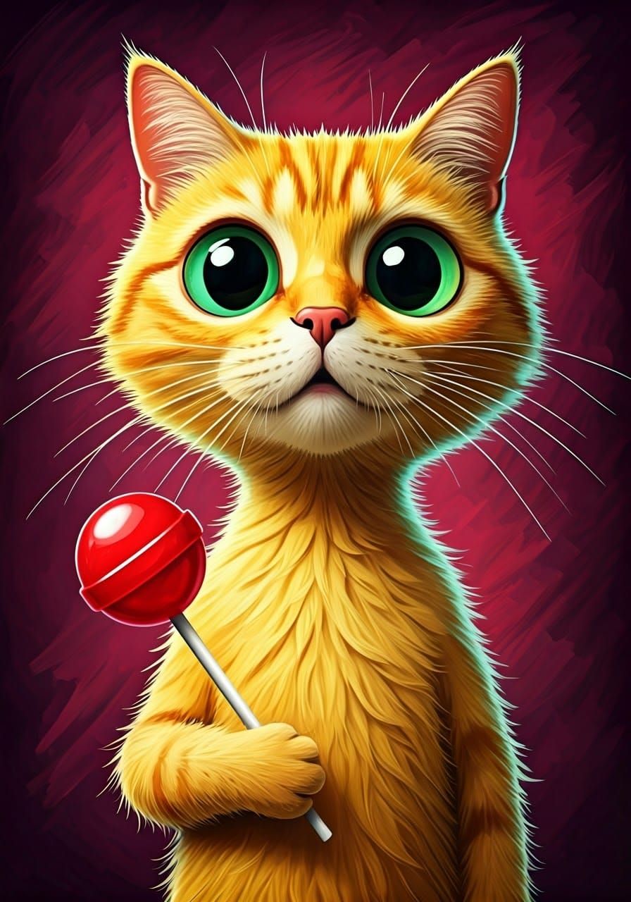 Whimsical Yellow Cat with Lollipop in Impressionist Style