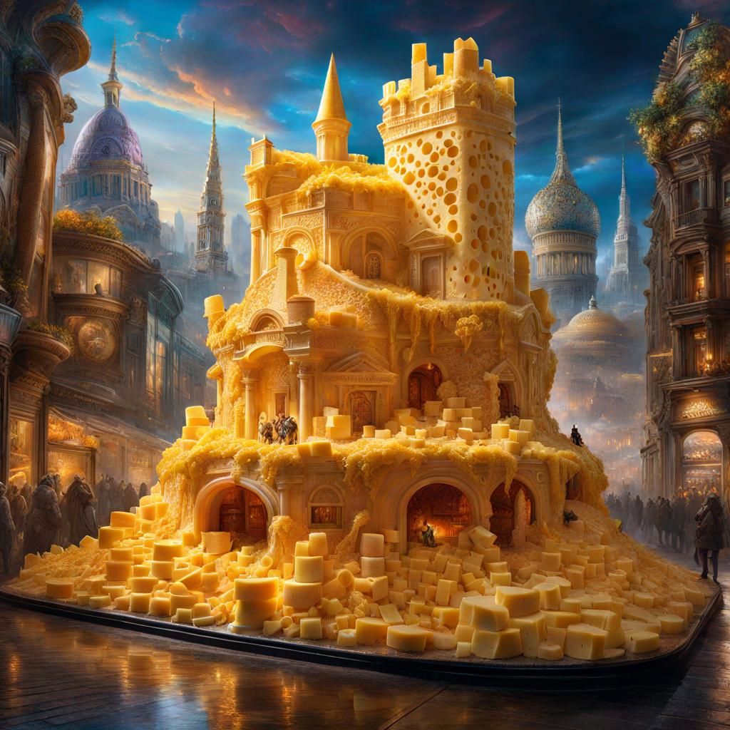Cheesy City: A Hyperrealistic Cheese Sculpture Wonderland