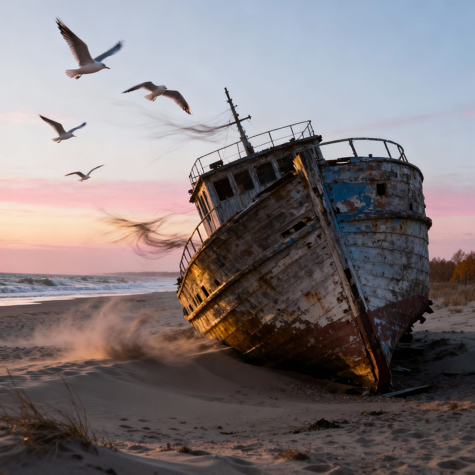 Abandoned Derelict Boat on Autumn Beach at Dusk