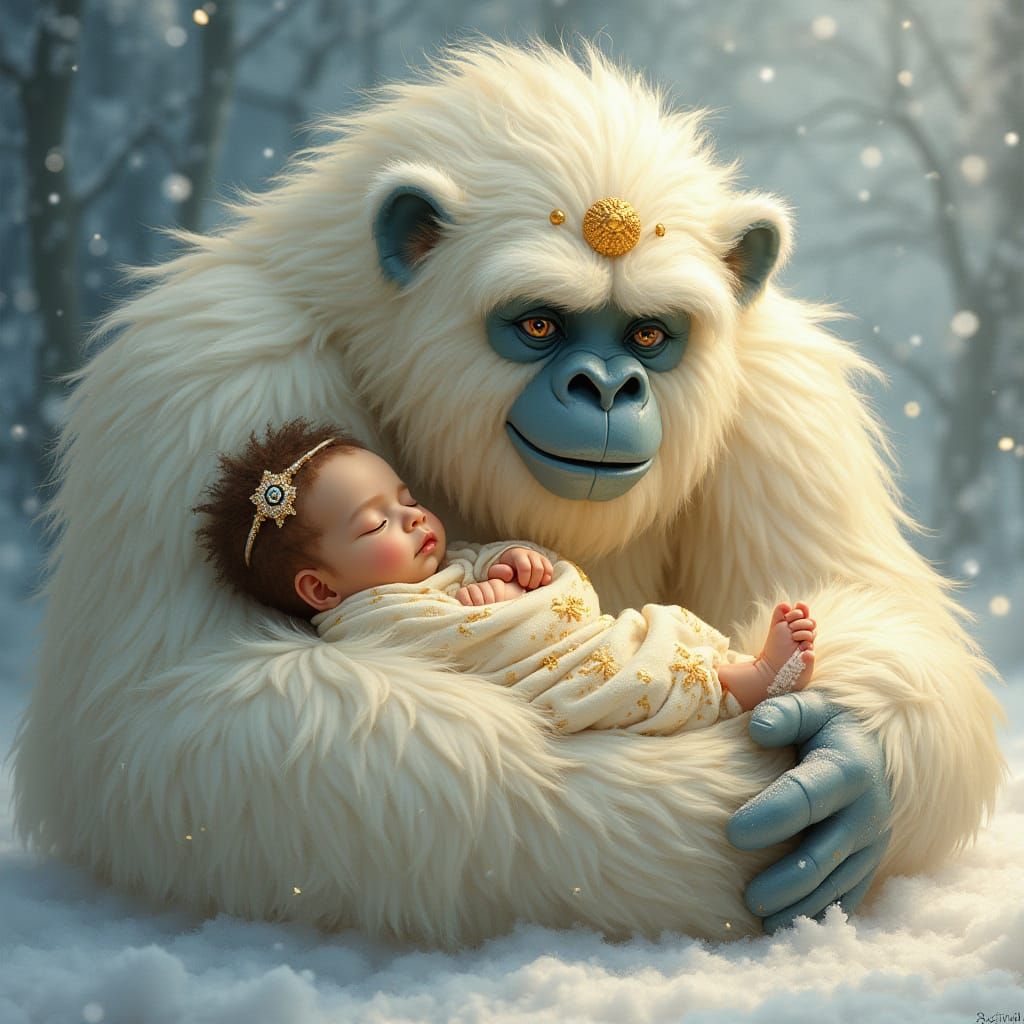 Majestic Yeti Protects Serene Baby Princess in Winter Wonder...
