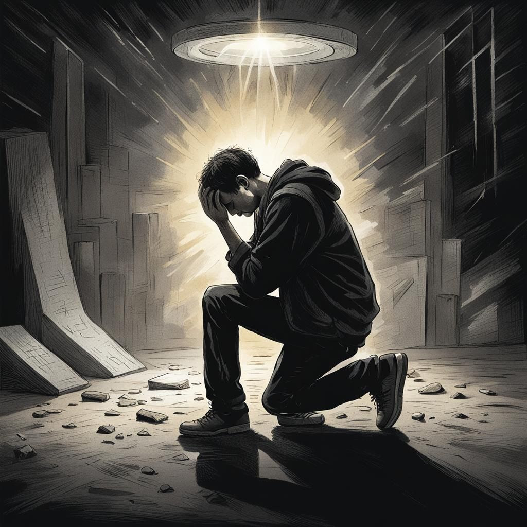 Despairing Man in Semi-Dark Room with Halo of Light