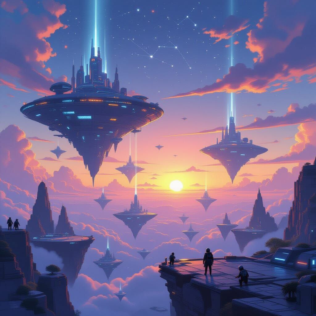 Futuristic Floating City Under Binary Sunset