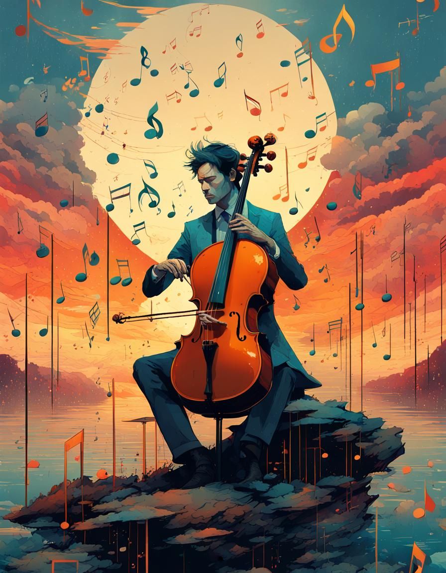 Cellist with Dancing Music Notes in Colorful Sunset