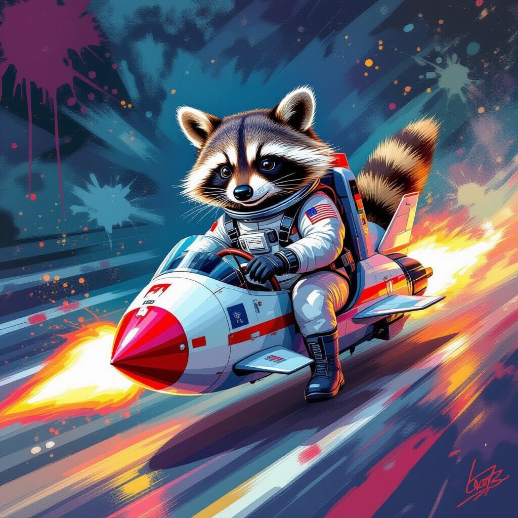 Raccoon Races Rocket in Graffiti Art Style