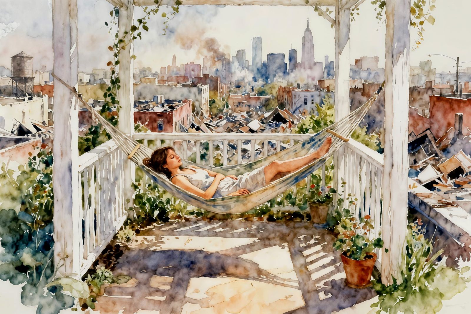 Woman Sleeping Peacefully in Garden Amidst Chaotic City