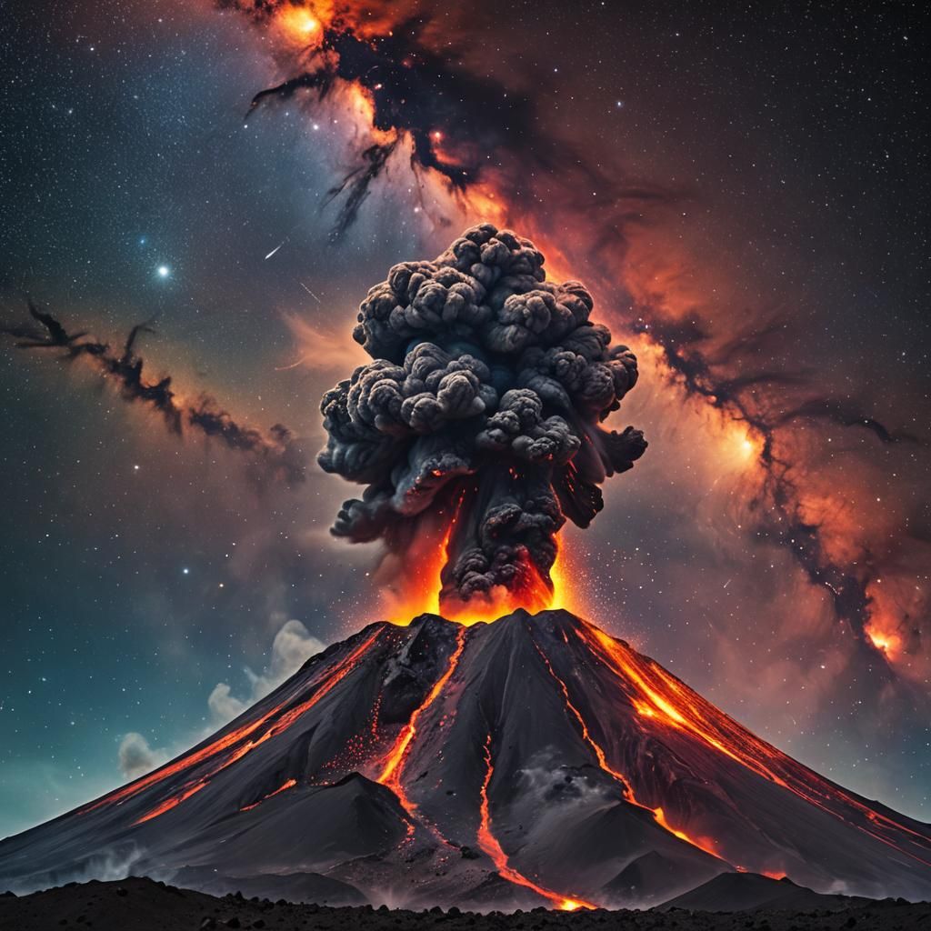 Active Volcano Erupts Ash into Space Nebula