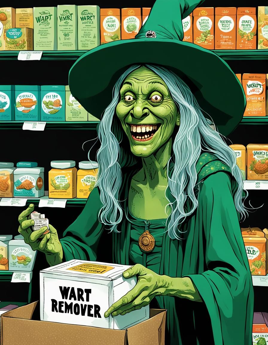 Green Witch Laughing in Drug Store: Digital Art