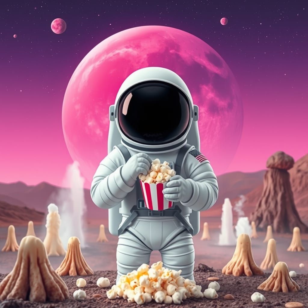 Cute Astronaut Snacks on Popcorn Amidst Vibrant Planet Lands...