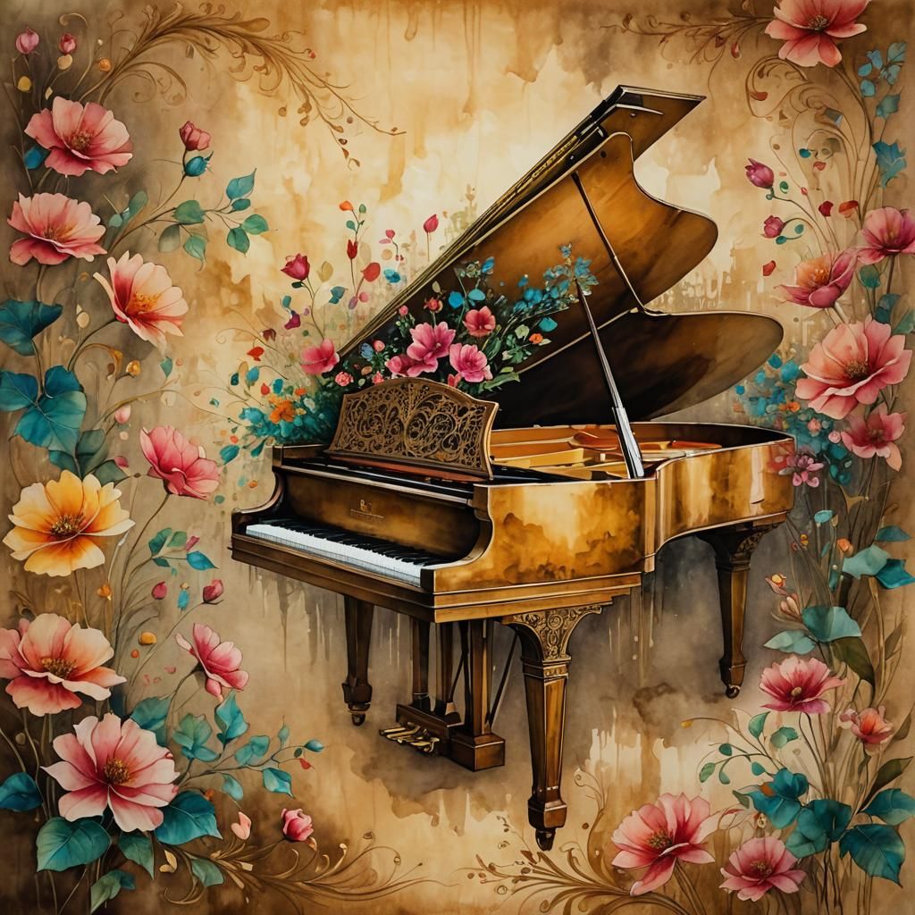 VINTAGE grand piano decorated all around with three-dimensio...