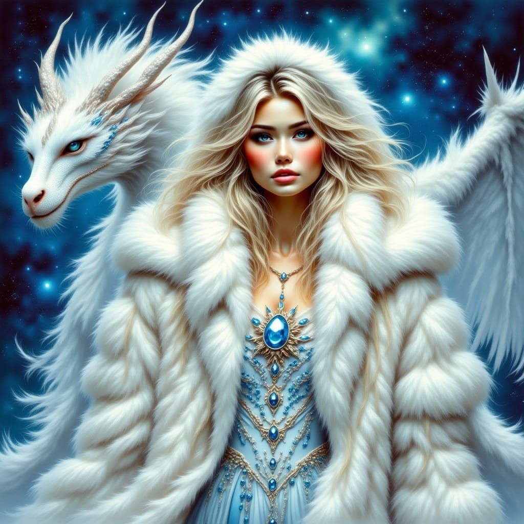 Ice Princess and Dragon Under Northern Lights