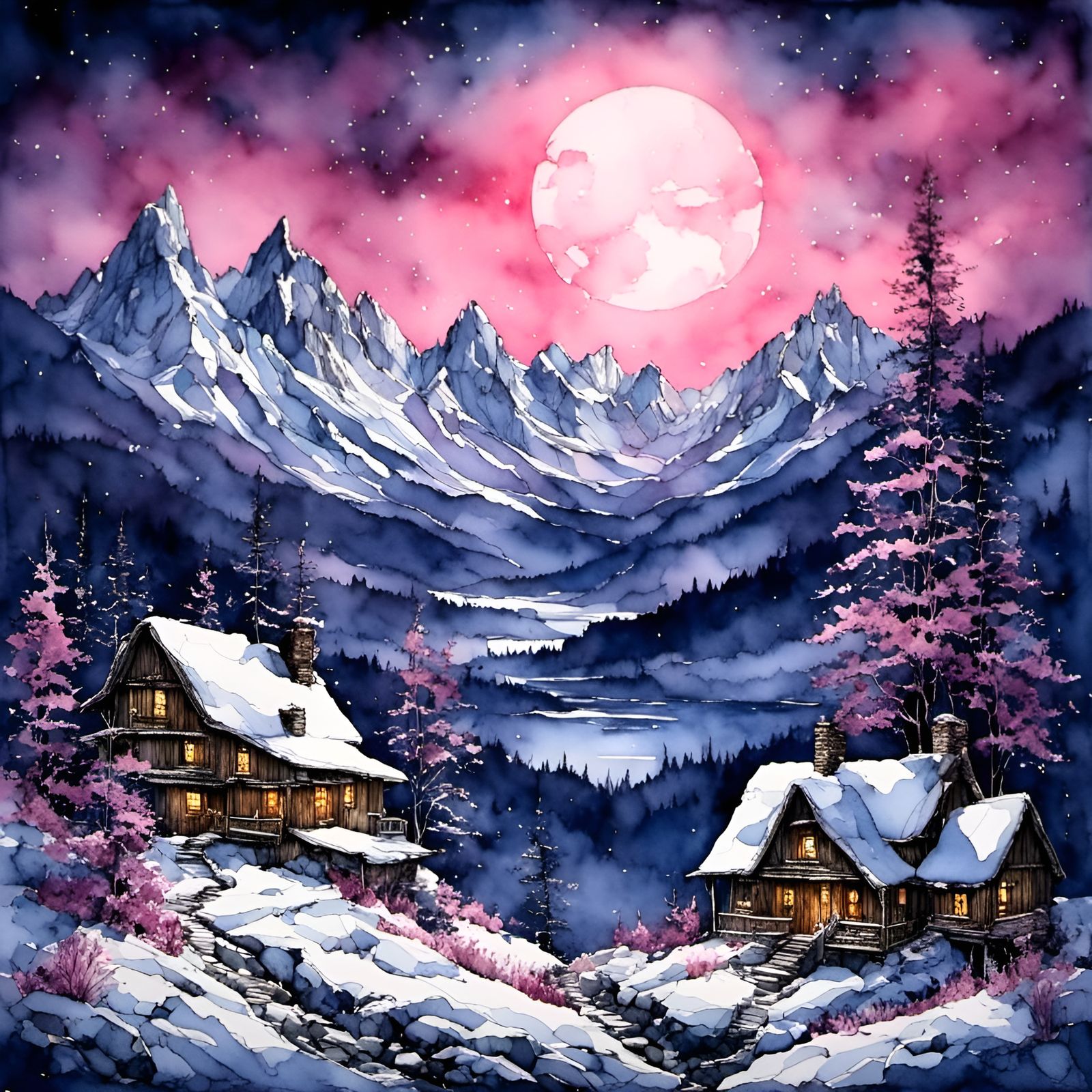 Moonlight, Night, Snow, Mountains