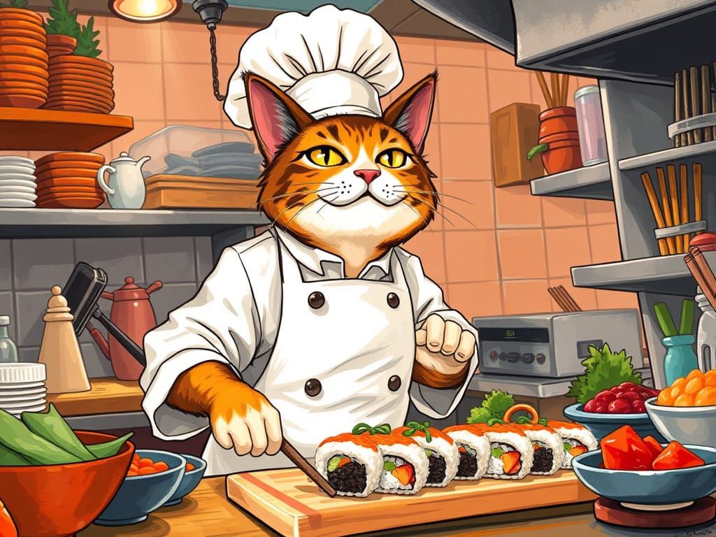 Cat Chef Prepares Sushi in Expressive Digital Art