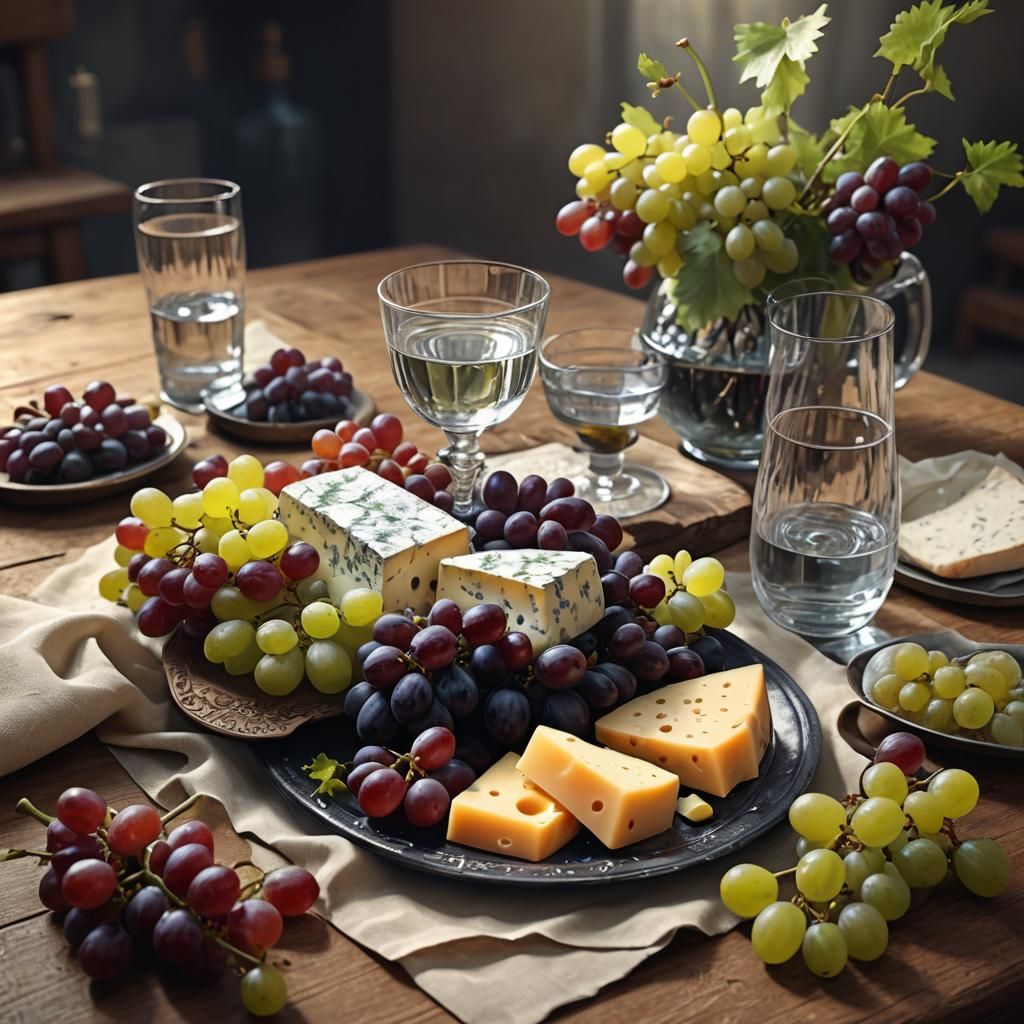 Enticing Cheese and Grapes Still Life in Matte Painting Styl...