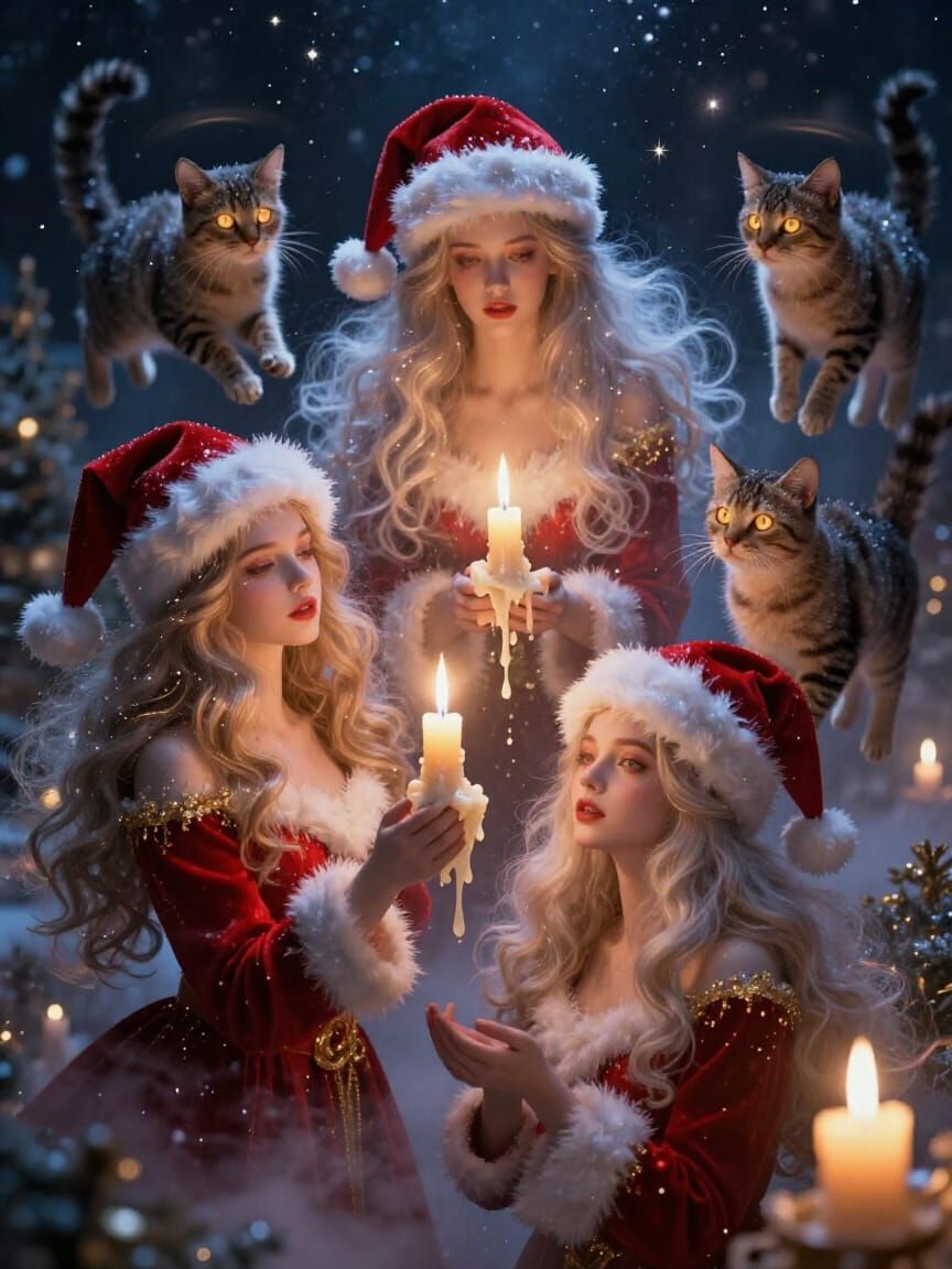 Surreal Christmas Universe with Floating Women and Cats